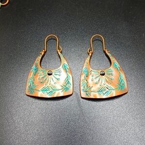 Copper earrings turquoise tribal engraved earrings boho ethnic design